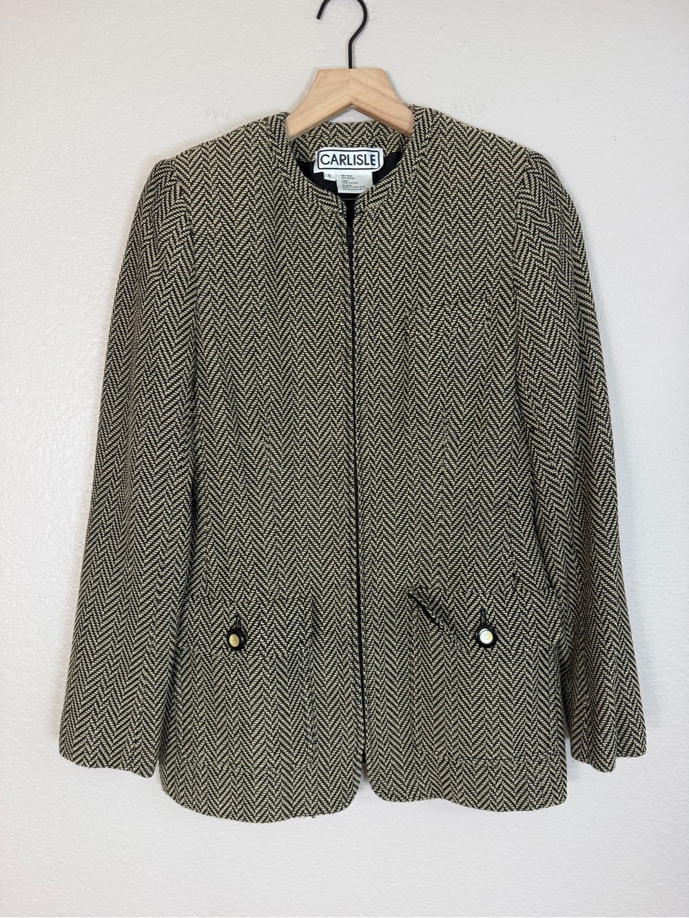 Vintage Carlisle Beige Black Herringbone Tweed Full Zip Blazer Lady Jacket 8